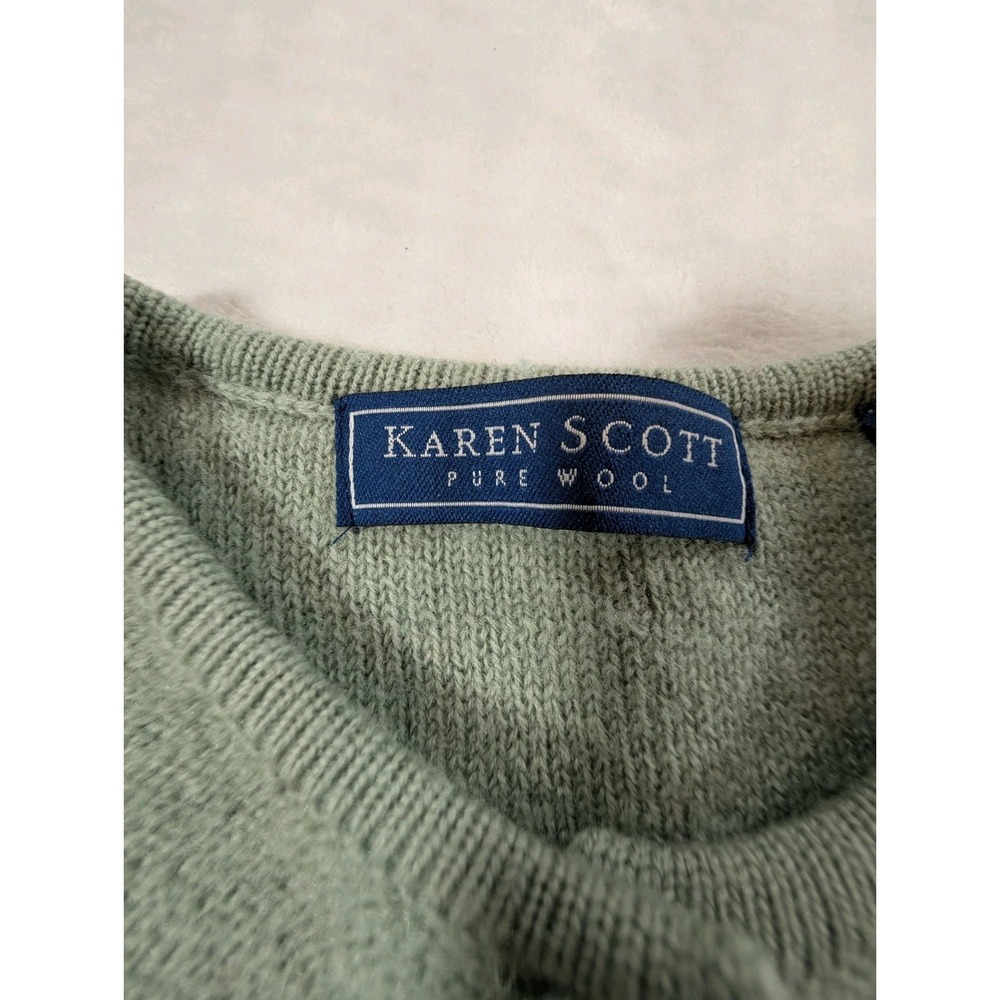 VTG Karen Scott Pure Wool Cardigan Sweater Medium Green Raised Floral Grandma - Picture 6 of 11